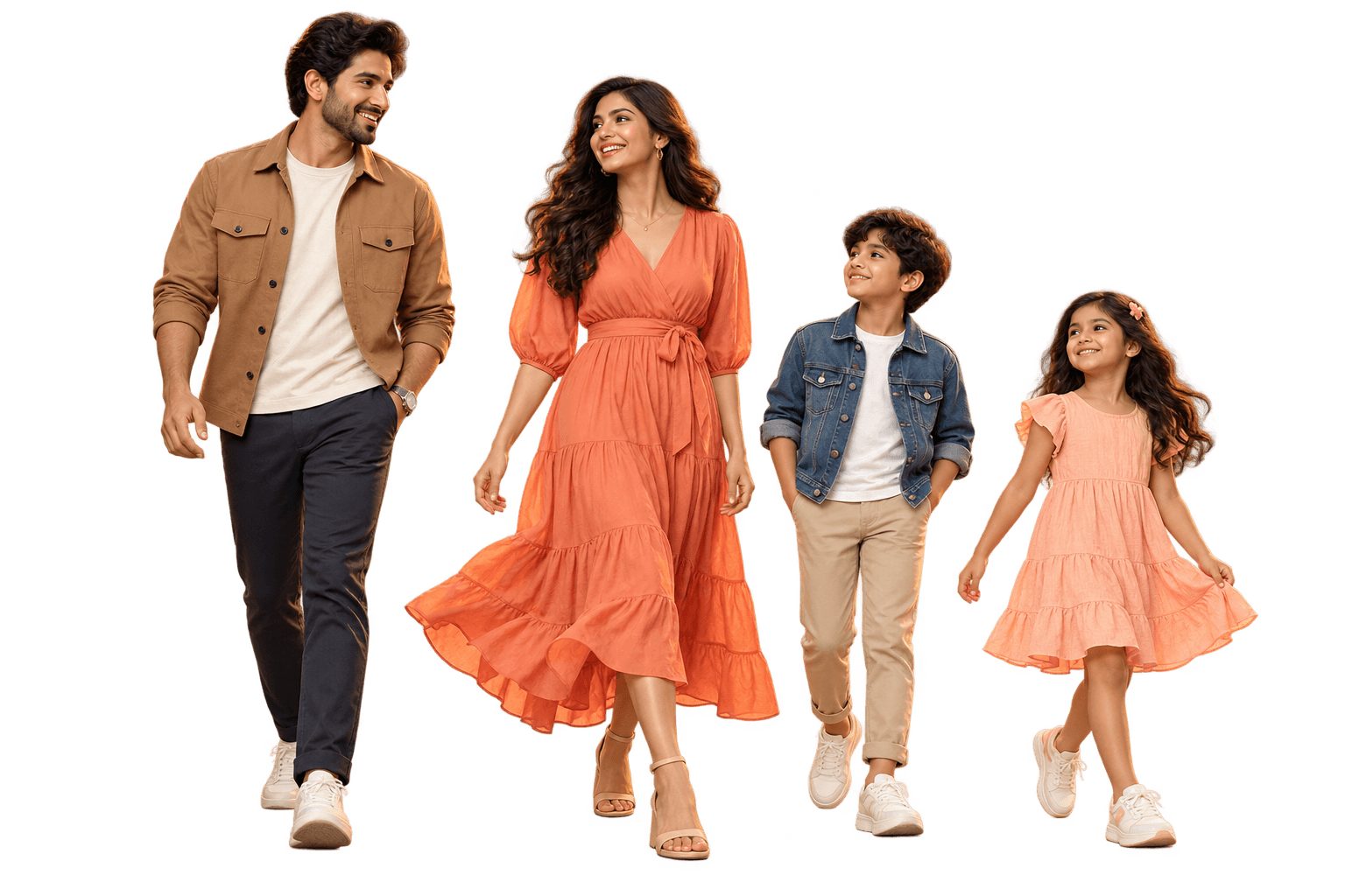 A family in coordinated tan, coral and denim fashion